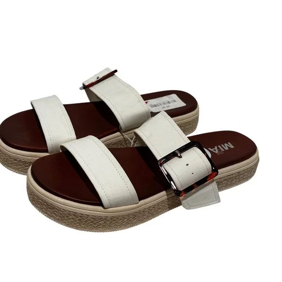 New‎ Mia White Two Strap Espadrille Platform Slide Sandals Tortoise Buckle Sz 9s