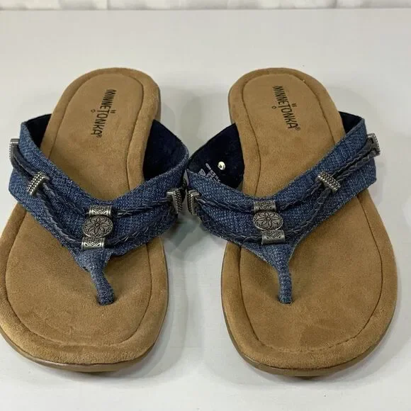 Minnetonka Silverthorne 360 Womens Blue Denim Flip-Flops Sandals Beads Shoes 9