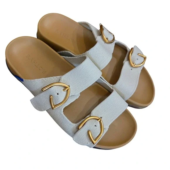 Rothys The Buckle Weekend Slide Sand Double Strap Preppy Norm Sandal Comfort 7.5