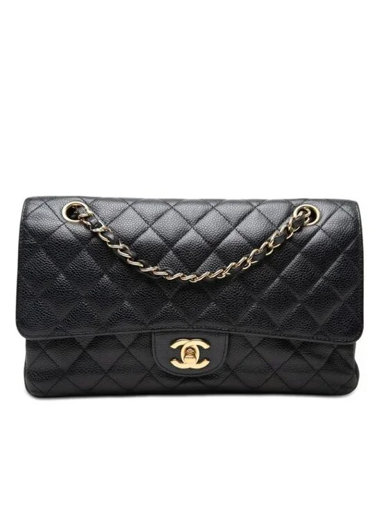 Chanel CC Logo Quilted Double Flap Chain Shoulder Bag Black Gold Caviar Leather