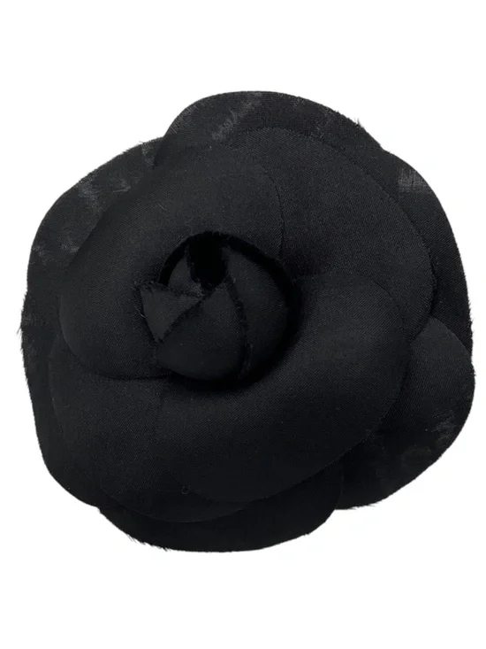 CHANEL BLACK CAMELLIA SILK BROOCH