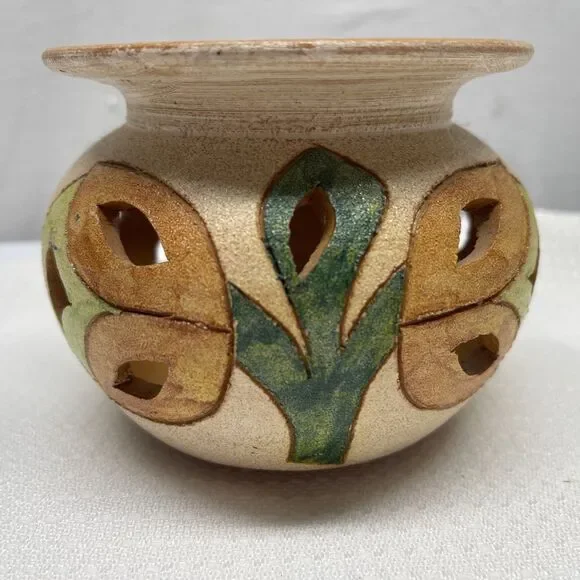 Mexican Art Terra Cotta Pottery Hand Painted Pierced 4