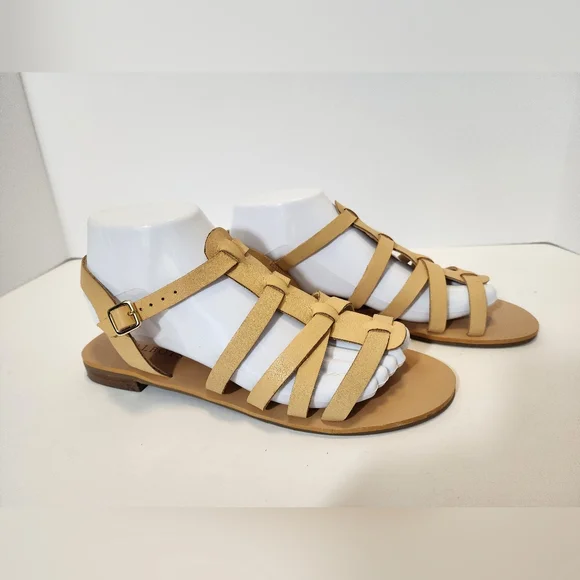 Talbots Leather Gladiator Sandals Tan Beige Strappy Flat Buckle Women 8M neutral
