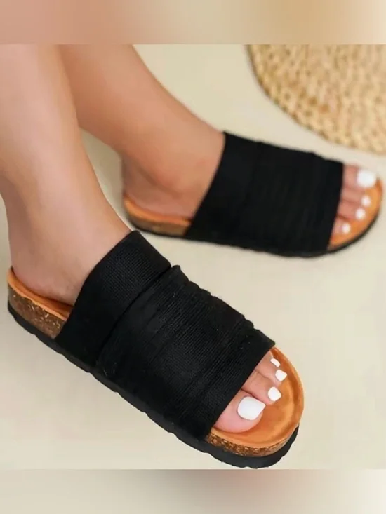 Cape Robbin Black Slide Sandals with Cork-Style Footbed