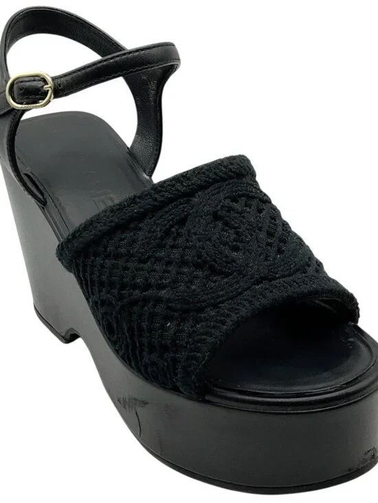 Chanel 2025 Black Mesh CC Logo Platform Sandals