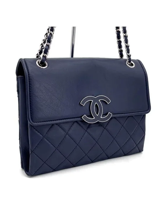 Chanel Quilted Chain Shoulder Bag Navy Lambskin Silver