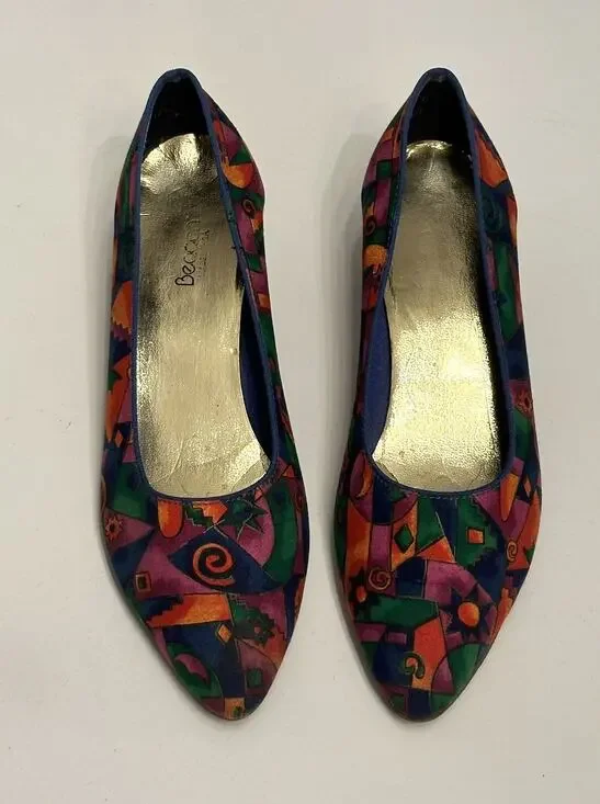 Vintage Color Block Low Heels Pump Sz 9 D Colorful Geometric Art