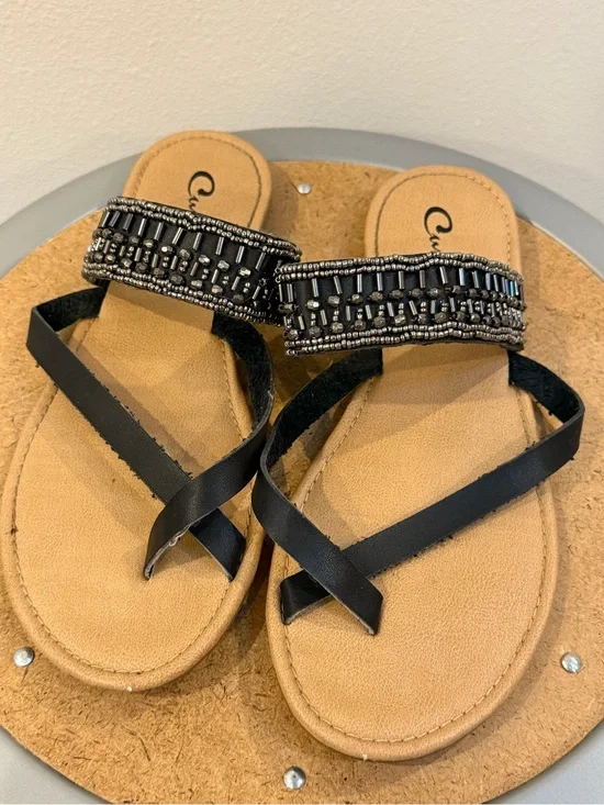Curfew Black Beaded Strappy Sandals with Tan Footbed