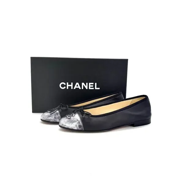 Chanel CC Logo Bow Detail Gunmetal Black Two Tone Leather Ballerina Flats 36