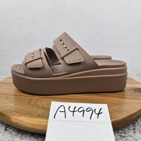 Crocs Womens 7 Brooklyn Latte Brown Buckle Low Double Strap Casual Wedge Sandal