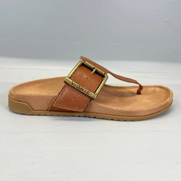 Vionic Emma Sandals Womens Size 6 Wide Tan Brown Pebbled Leather Flip Flop Shoes