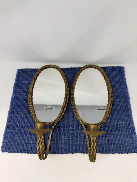 Pair Vintage Gold Tone Oval Mirror Candle Wall Sconces Hollywood Regency Rope