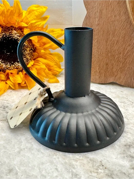 New Rustic Style Matte Black Fluted Metal Taper Candle Holder w/ Arched Handle