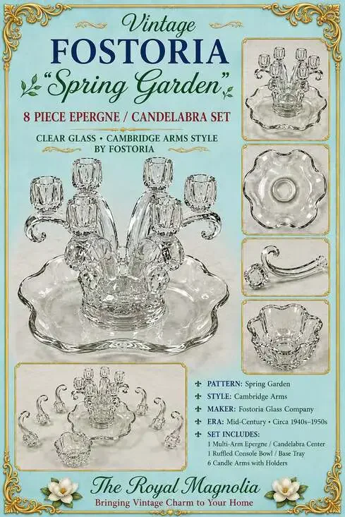 Vintage Fostoria Spring Garden 8-Piece Epergne Candelabra Set Clear Glass Cambri