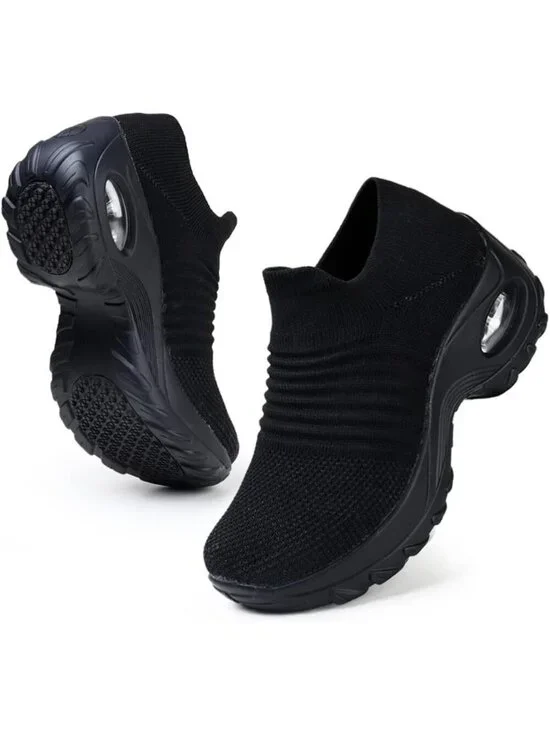 Women's All Black Walking Arch Support Non Slip Breathable Upper Sneaker Shoes
