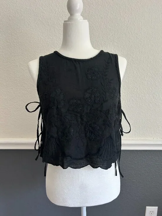 Free People embroidered detail tie-side tank in black