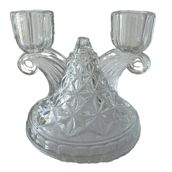 Imperial Glass Double Candlestick Holder Clear EUC Daisy Button Scrolled Arms