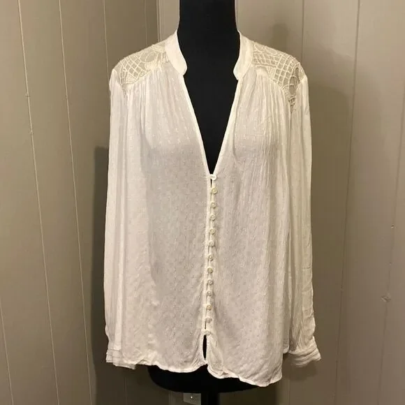Free People Medium Tunic Top White Stretch Embroidered Sparkles Pleated
