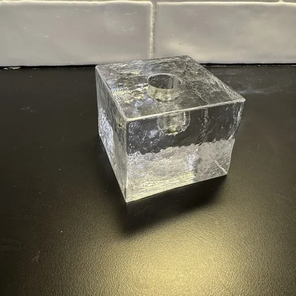 SIMON PEARCE Textures Glass  Cube CANDLE HOLDER Signed Ice ‎ Cube 3