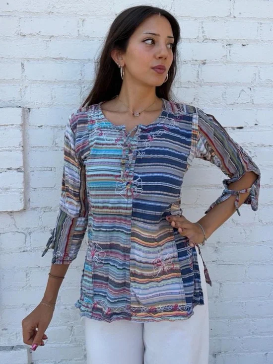 Vtg boho Y2K striped tunic top ✨ colorful woven details, tie sleeves & embroider
