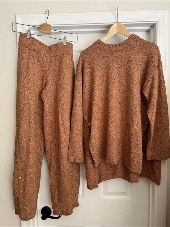 Free People 100% Cotton Sweater Knit Wide-Leg Lounge Pants Set in Rust