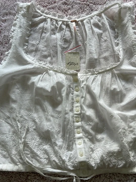 Free People White Embroidered Cotton Button-Front Chemise