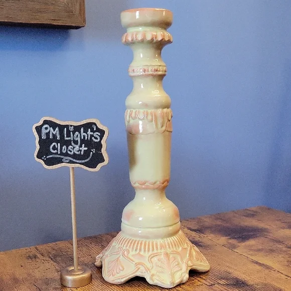 Ornate Candle Holder Accent Ceramic Pale Green Rose Pink