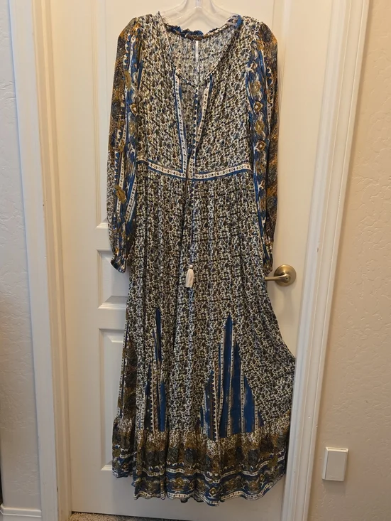 Free People Blue, Tan and Cream Floral Boho Maxi Dress