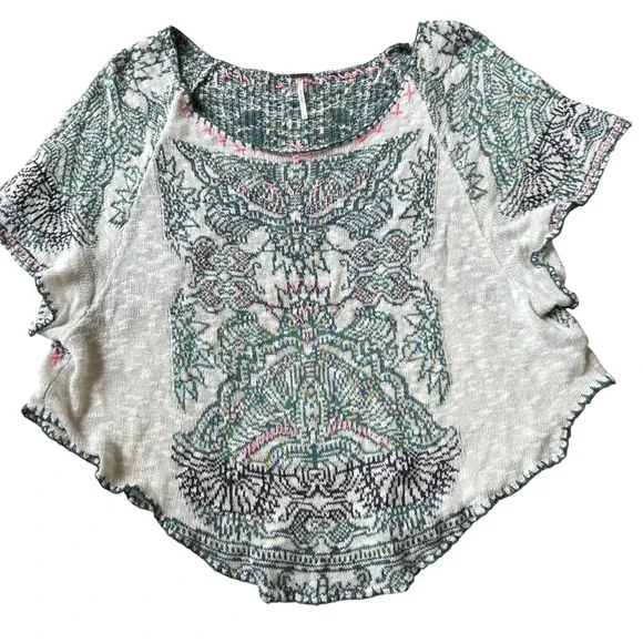Free People‎ Knit Boho Poncho Top Butterfly Pattern Oversized Festival Cape OS