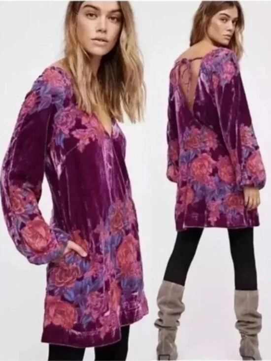 Free People Misha Velvet Burnout Dress Fuchsia pink purple floral A-line flowy S