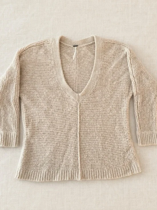 Free People Oatmeal Marled V-Neck Knit Sweater Small