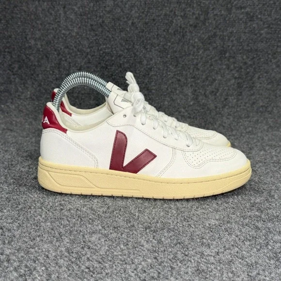 Veja V-10 Sneakers Womens 5 White Maroon Leather Low Lace Retro Athletic Sneaker