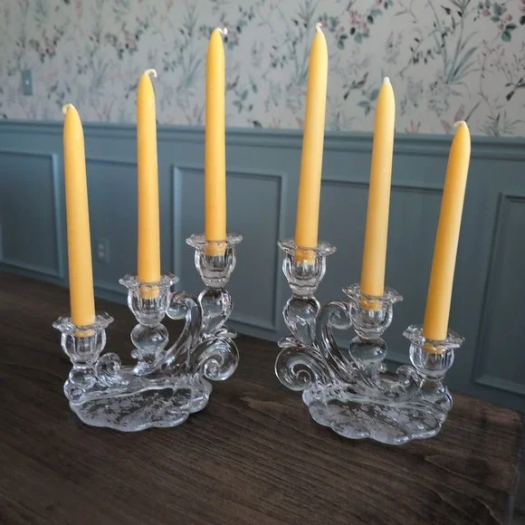 Vintage Cambridge Rose‎ Point Glass Candelabra Pair 3 Tier Etched Candlesticks