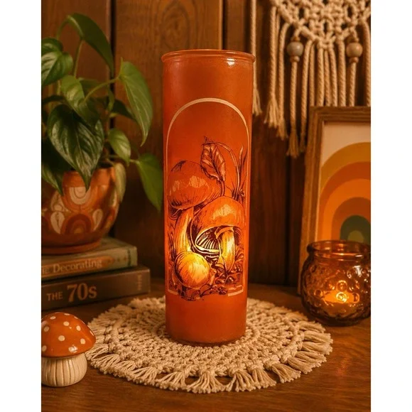 Vintage 1970s Orange Glass Mushroom Candle Holder Cylinder Retro MCM Decor