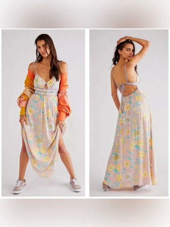 Free People Wisteria Maxi Dress Small Pink Floral Sleeveless Boho Romantic