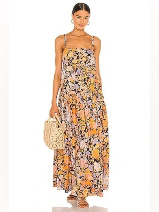 Free People Floral Maxi Dress in Black, Orange, Pink