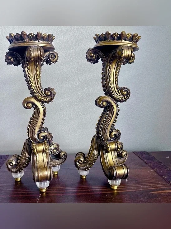 Vintage Italian Florentine Gilt Candle Holders Heavy Pair Regency Acanthus Scrol