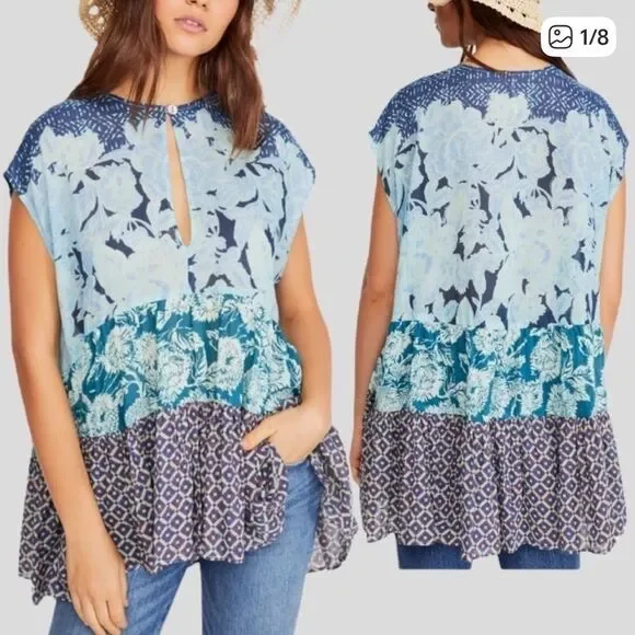 Free People Gotta Have You Tiered Tunic Top Blouse Blue Purple