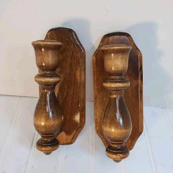 Vintage Wood Wall Sconce Candle Holders Pair Wooden Rustic Farmhouse Decor 8