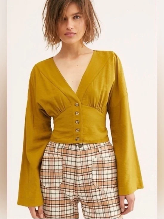 Free People Mustard Yellow V-Neck Button Front Blouse