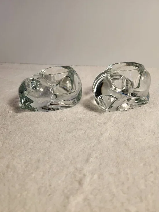 VINTAGE INDIANA GLASS CLEAR CRYSTAL SLEEPING CAT VOTIVE TEA LIGHT CANDLE HOLDERS