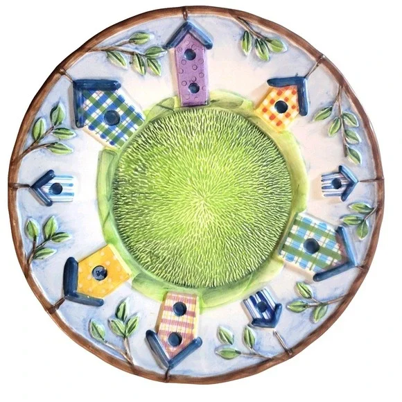 Vtg Birdhouses Candle Holder Plate by Michal Sparks Footed Ceramic 8