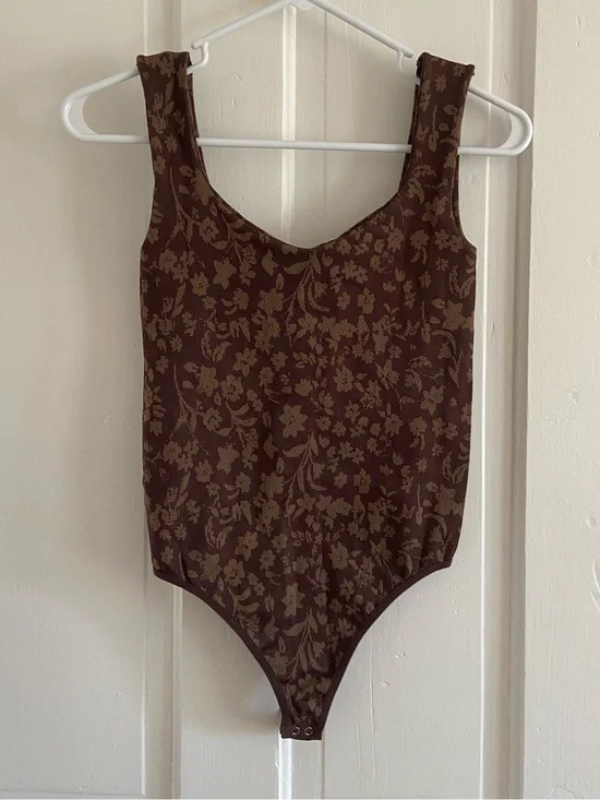 Free People Brown Floral Clean Lines Scoop Neck Tank Bodysuit