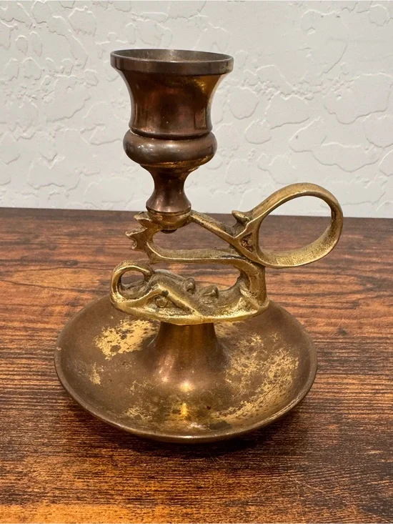 Vintage Dragon Devil Koi Fish Bronze Brass Chamber Candlestick Holder Finger