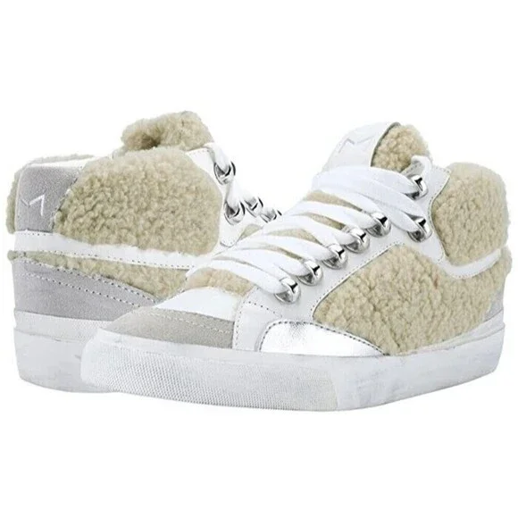 Marc Fisher Women Merin‎ 2 Sneakers Fur Trim White Leather 8