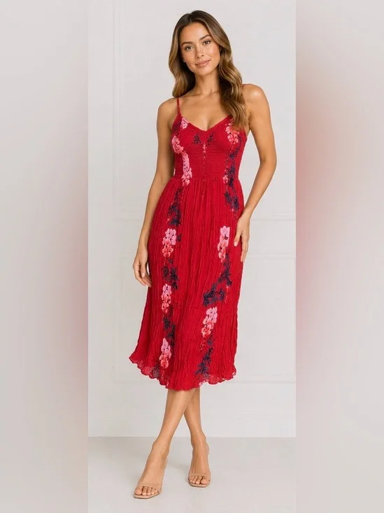 Free People Red Midi Dress with Pink & Navy Floral Embroidery