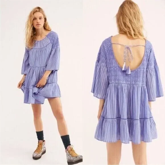 Free People Blue Lola Embroidered Ruffle Striped Mini Dress Size M