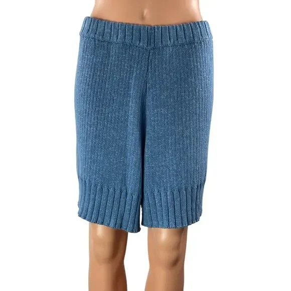 Free People FP Beach Blue Ribbed Knit High Rise Pull On Bermuda Shorts Size M