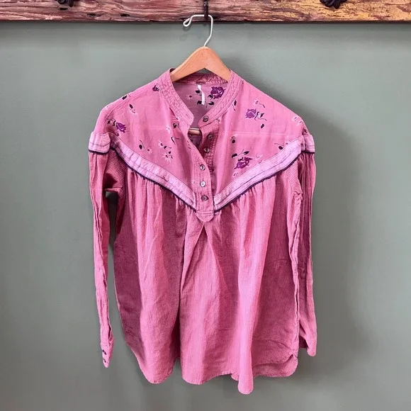 Free People Pink Floral Mixed Media‎ Striped Gauze Tunic Top OB571396 Womens XS