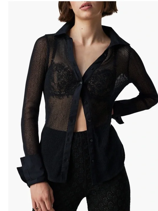 Free People Siggie Black Mesh Open-Stitch Button-Up Shirt Black Festival Rave‎